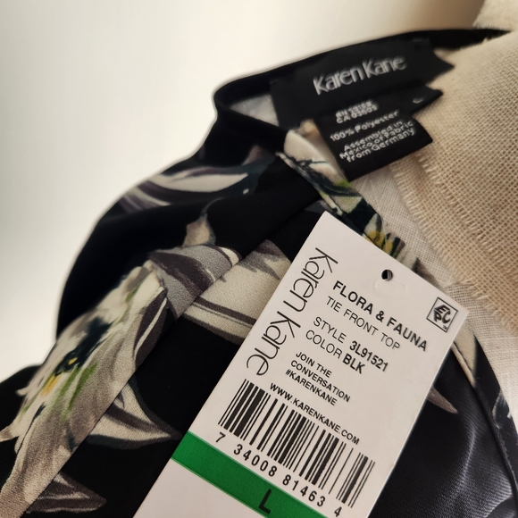 NWT Karen Kane Bell Sleeve, Tie Front Blouse, Size L, Black/Ivory - Picture 4 of 4